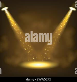 Gold Spotlights Shining in Dark Place Background, Vector Illustration Stock Vector