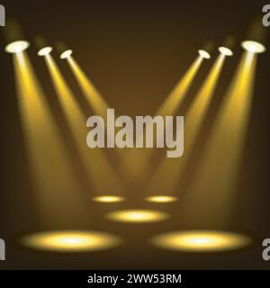 Gold Spotlights Shining in Dark Place Background, Vector Illustration Stock Vector