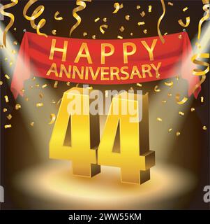 Happy 44th Anniversary Celebration with Golden Confetti and Spotlight, Vector Illustration Stock Vector