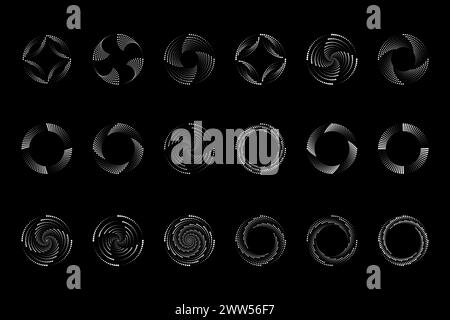 Set white halftone dotted circular speed lines. Abstract vortex geometric shapes moving to the center. Design element for frame, tattoo, web pages Stock Vector