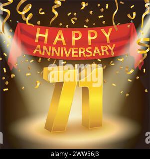 Happy 71th Anniversary Celebration with Golden Confetti and Spotlight, Vector Illustration Stock Vector