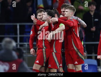 Cardiff, UK. 21st Mar, 2024. Neco Williams of Wales celebrates scoring their second goal during the UEFA European Championship Qualifying match at the Cardiff City Stadium, Cardiff. Picture credit should read: Darren Staples/Sportimage Credit: Sportimage Ltd/Alamy Live News Stock Photo