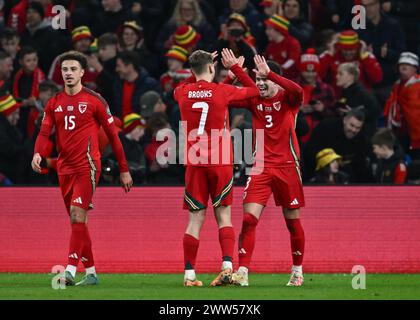 Neco Williams of Wales celebrates his goal to make it 2-0 Wales, during the UEFA Euro Qualifiers Play-Off Semi-Final match Wales vs Finland at Cardiff City Stadium, Cardiff, United Kingdom, 21st March 2024  (Photo by Craig Thomas/News Images) Stock Photo