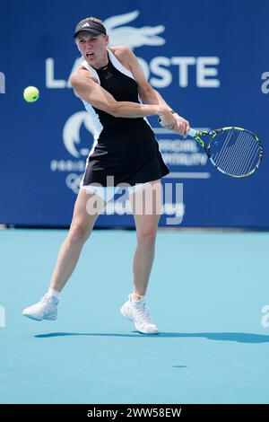 Miami, Florida, USA. 21st Mar, 2024. Caroline Wozniacki (Denmark) hits a backhand against Angelina Kalinin (Ukraine) during the second round of women's singles at the Miami Open tennis tournament. (Credit Image: © Richard Dole/ZUMA Press Wire) EDITORIAL USAGE ONLY! Not for Commercial USAGE! Stock Photo