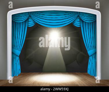 Blue Curtain of Classical Theater with Spotlight on Wood Floor, Vector Illustration Stock Vector