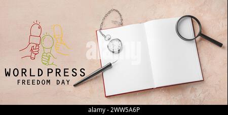 Notebook, pocket watch, magnifier and pen on beige background. Banner for World Press Freedom Day Stock Photo