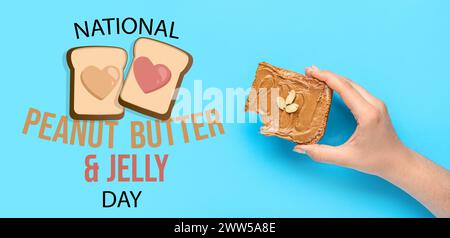 Festive banner for National Peanut Butter and Jelly Day with female hand holding tasty toast Stock Photo