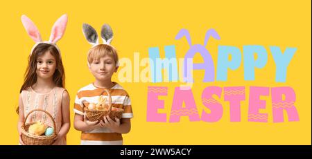 Easter banner with little children holding festive baskets Stock Photo