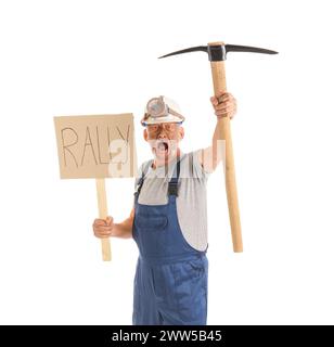 Protesting miner man with pick axe and placard on white background Stock Photo