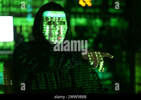 Hacker and projection of programming code in dark room, closeup Stock Photo