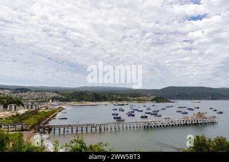View to the Lota port and dock from the Cousiño park in Lota, Chile ...