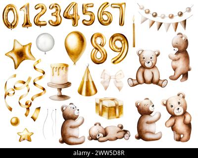 Watercolor isolated birthday illustration set with cute cartoon teddy bears, golden foil balloon numbers, holiday cake, present box, candles, ribbon a Stock Photo