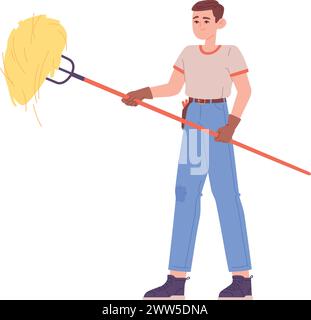 Farmer hold hayfork with hay. Countryside worker character isolated on white background Stock Vector
