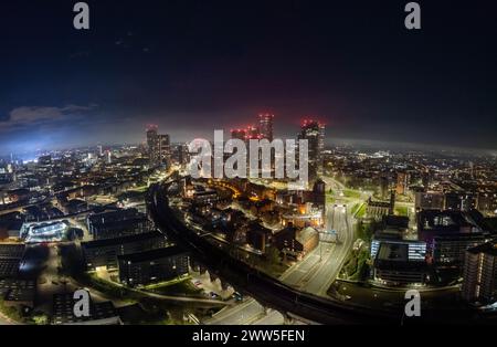 Aerial drone shot across Manchester shot from the west looking east at Deansgate Square, Manchester, UK Stock Photo