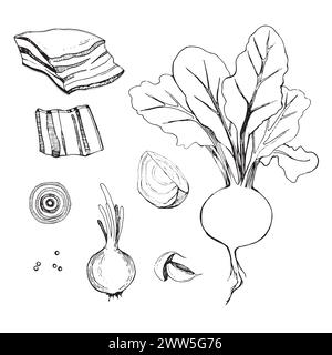 Set of vector illustrations. Beets with tops, a slice of beets, onions, lard, bacon, garlic, pepper drawn with a black outline in vector. Stock Vector