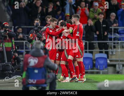 Cardiff City Stadium, Cardiff, UK. 21st Mar, 2024. UEFA Euro Qualifying Play Off Football, Wales versus Finland; Neco Williams of Wales celebrates with teammates after scoring his sides second goal in the 38th minute to make the score 2-0 Credit: Action Plus Sports/Alamy Live News Stock Photo