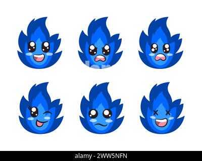 blue color fire character expression smile laughing happy sad blink eye and cheerful gesture Stock Vector