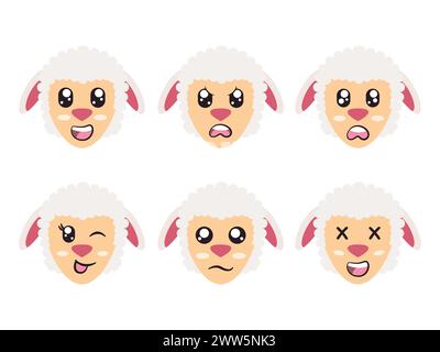 white color head sheep lamb face character expression smile laughing happy sad blink eye and cheerful gesture Stock Vector