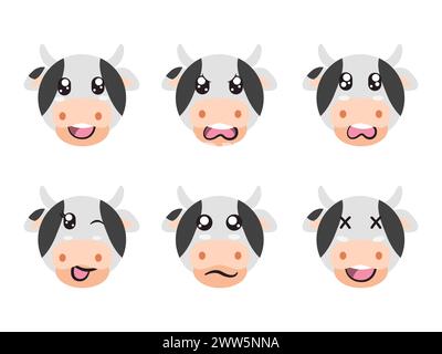 black white color head cow face character expression smile laughing happy sad blink eye and cheerful gesture Stock Vector
