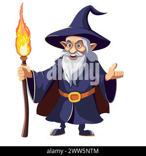 Gray-haired wizard in a blue cloak, hat and with a burning staff isolated on a white background. Stock Vector