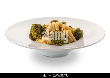 Macaroni pasta with broccoli in white plate isolated on white with clipping path included Stock Photo