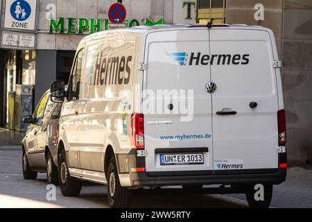 Picture of a van with the logo of Hermes Germany in Dortmund. Hermes is a multinational delivery and logistics service provider. It was founded in 197 Stock Photo