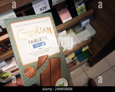 Picture of a chocolate tab of Guylian for sale in a serbian supermarket in belgrade. Guylian is a Belgian chocolate brand and manufacturer best known Stock Photo