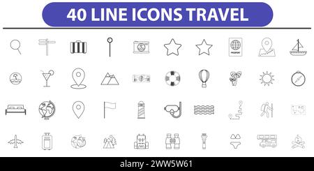 Travel and Tourism set of web icons in line style Stock Vector