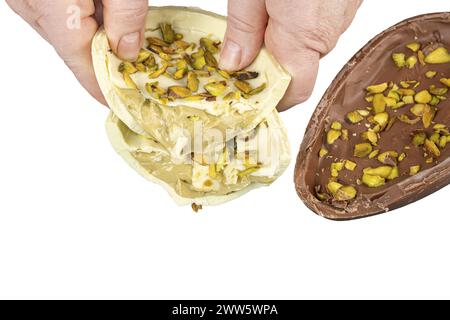 Easter egg with milk chocolate pistachios and white chocolate 5. Stock Photo