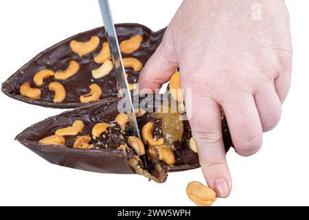 Dark Belgian chocolate Easter egg, filled with cupuacu jam and cashew nuts 4.jpg Stock Photo