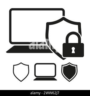 Laptop with shield and padlock icons symbolizing cybersecurity. Vector illustration. EPS 10. Stock Vector
