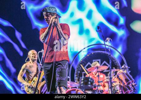 Red Hot Chili Peppers: Anthony Kiedis, Flea, Chad Smith. Live in Buenos Aires, Argentina Stock Photo