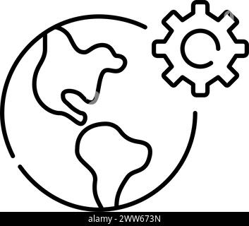 Earth globe and cogwheel. Global technology integration and innovation. Engineering network. Pixel perfect editable icon Stock Vector