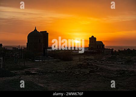 Mizdakhan cemetery at the sunset, in Nukus, Uzbekistan. Stock Photo