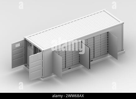 Clay rendering of Containerized Battery Energy Storage System. Isometric Cutaway view. Generic design. 3D rendering image. Stock Photo