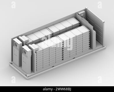 Clay rendering of Containerized Battery Energy Storage System. Isometric Cutaway view. Generic design. 3D rendering image. Stock Photo