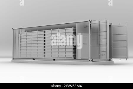 Clay rendering of Containerized Battery Energy Storage System. Cutaway view. Generic design. 3D rendering image. Stock Photo