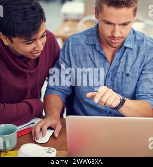Business men, teamwork and laptop for creative planning, ideas and training or advice in programming. Programmer, designer or people on computer for Stock Photo