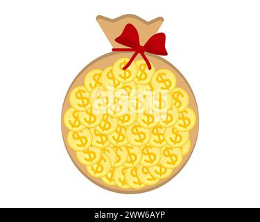 A money bag full of golden coins. Money sack tied rope with bow. Vector illustration on white background. Stock Vector