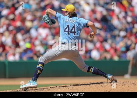 Clearwater, FL: Tampa Bay Rays starting pitcher Ryan Pepiot (44) delivers a pitch during an MLB spring training game against the Philadelphia Phillies Stock Photo