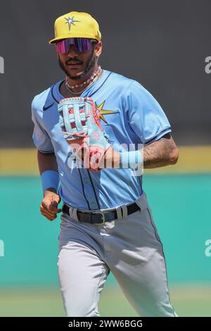 Clearwater, FL: Tampa Bay Rays center fielder Jose Siri (22) runs to the dugout during an MLB spring training game against the Philadelphia Phillies o Stock Photo
