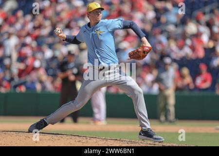 Clearwater, FL: Tampa Bay Rays relief pitcher Pete Fairbanks (29) delivers a pitch during an MLB spring training game against the Philadelphia Phillie Stock Photo