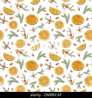 Sea buckthorn, orange, and spruce branch. Seamless border of berry, fruit slice, greenery. Citrus, berries, evergreen. Winter ornate Stock Photo