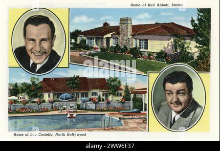 HOME OF BUD ABBOTT, ENCINO and HOME OF LOU COSTELLO, NORTH HOLLYWOOD postcard from Homes of the Movie Stars postcard folder published in 1940 Curt Teich & Co.., Inc,. Chicago, USA Stock Photo