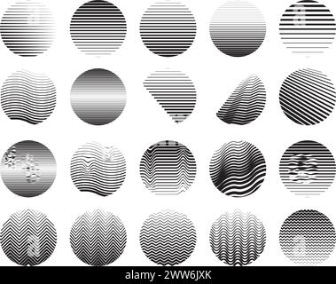 Line fade pattern set. Faded halftone black lines. Fading linear gradient. Vector isolated round shape pattern on white background. Degraded fades str Stock Vector