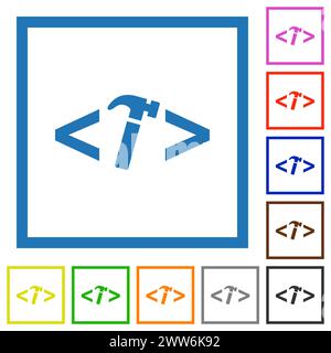 Web development with hammer flat color icons in square frames on white background Stock Vector