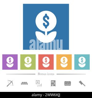 Money plant solid flat white icons in square backgrounds. 6 bonus icons included. Stock Vector
