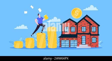 Mortgage saving money to buy a house flat style design business concept. Real estate property or mortgage loan investment. Businessman climbs money co Stock Vector