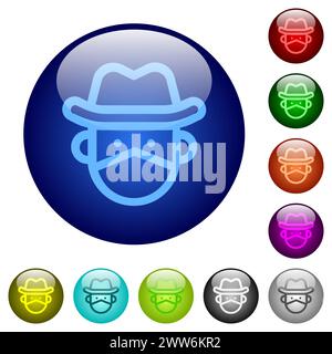 Bandit avatar outline icons on round glass buttons in multiple colors. Arranged layer structure Stock Vector