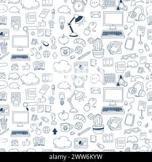 Business work seamless pattern. Communications and technology, home office symbols hand drawn doodles on white background. Vector illustration Stock Vector